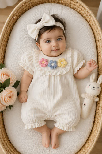 رامپر نوزادی گل دار مجلسی بهاره و تابستاته جنس نخ پنبه